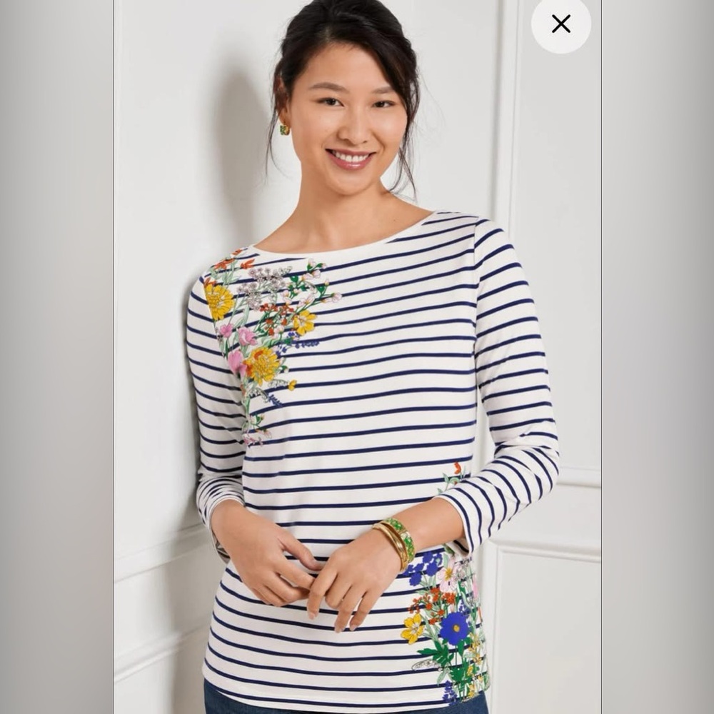 Talbots White Navy Striped Long-Sleeve Tee with Floral Pattern